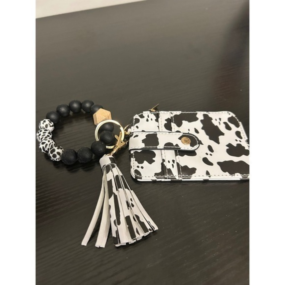 Cow Print Beaded Keychain‎ Card Holder Wallet Bracelet Wristlet Women